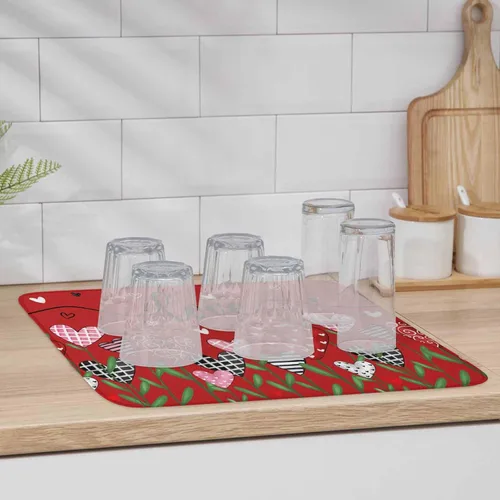 Vista 6 de Tapete de secado floral de corazón para el día de San Valentín para encimera de cocina, tapete absorbente de microfibra para escurridor