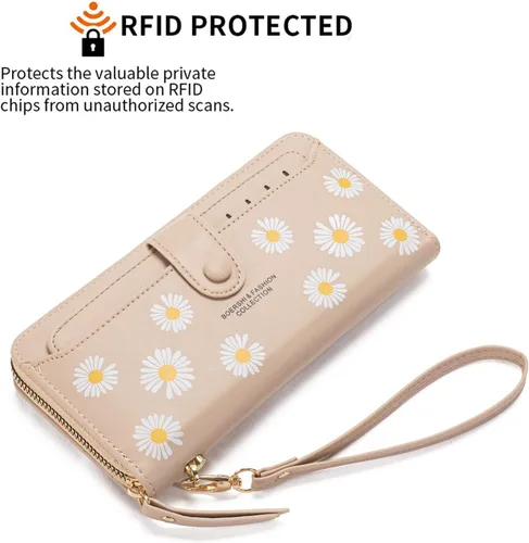 Vista 10 de Cartera de piel para mujer, con bloqueo RFID, bolsillo con cremallera, tarjetero, con ventana de identificación