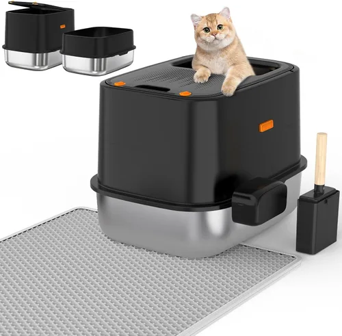 Vista 13 de WoofiGo Caja de arena cerrada de acero inoxidable para gatos con tapa, caja de arena extra grande XL para gatos grandes, bandeja de arena de metal
