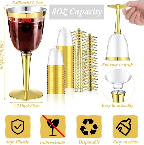 Vista 2 de Paquete de 100 copas de vino de plástico desechables con borde a granel de 8 onzas, elegantes copas de vino con tallo largo, copas de vino Dorado