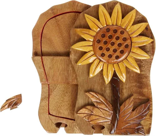 Vista 2 de Caja de rompecabezas secreta de madera hecha a mano con forma de girasol, Madera