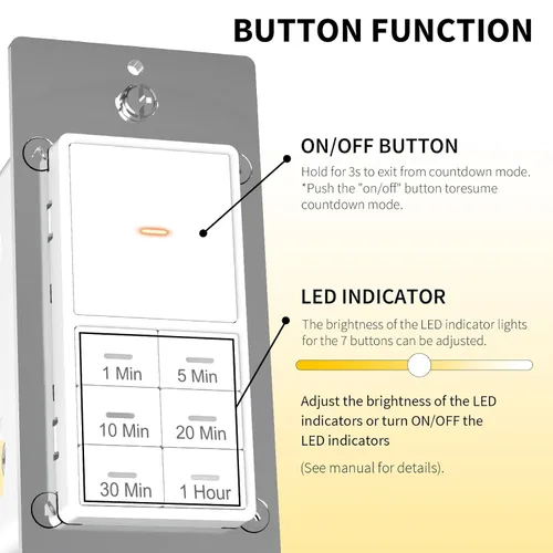 Vista 3 de Minoston Interruptor de luces de temporizador, 1-60 minutos, temporizador de pared de cuenta regresiva para ventiladores de baño, calentadores