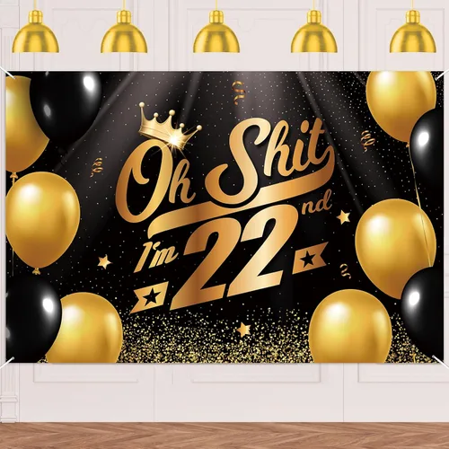 Vista 8 de Oh S*hit I'm 10th Banner telón de fondo negro dorado globos corona confeti Hallo Quince Cheers to 10 años decoración temática decoración para hombre