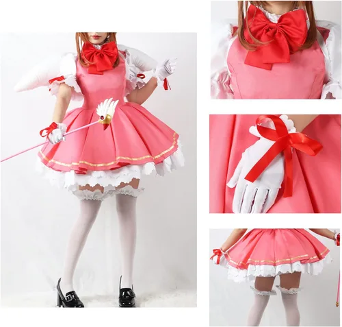 Vista 3 de Cardcaptor Sakura Cosplay Sakura - Vestido de uniforme para niña, vestido rosa, traje de batalla para Halloween