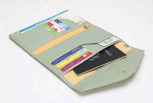 Vista 7 de Billetera y porta pasaporte y documentos de viaje (Ver.5) para mujer con bloqueo Rfid y correa para la muñeca #28 verde silencioso Ver.5