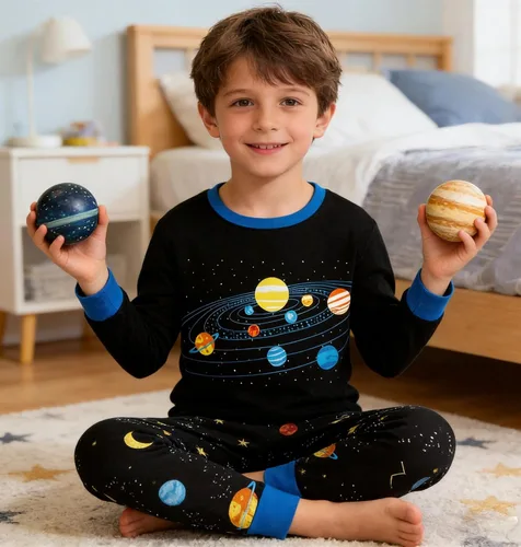 Vista 3 de Pijamas para Niños Pequeños, Conjunto de Ropa para Niños Pequeños, Ropa de Dormir de Planeta y Tren, Manga Larga, 100% Algodón, 2 Piezas, Pijamas