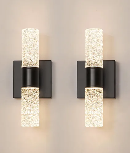 Vista 10 de Juego de 2 apliques de pared LED de cristal, lámparas de baño de oro cepillado, modernas luces de baño con LED con cable para dormitorio, sala