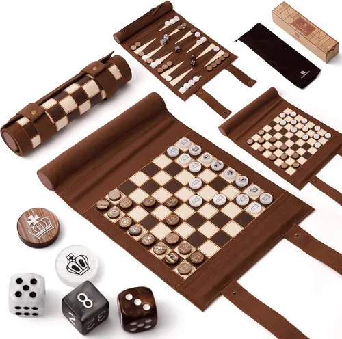 Vista 9 de Woodronic Juego de damas de backgammon de ajedrez de viaje 3 en 1, juego de backgammon de cuero enrollable con 32 piezas de perlas premium y 5