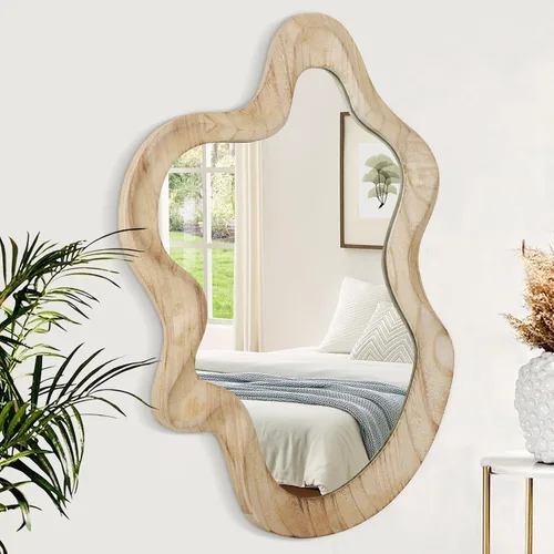Vista 18 de Espejo asimétrico para decoración de pared, grande, moderno, ondulado, con marco de madera, espejo de pared con forma única montado en pared