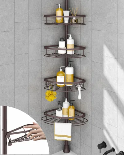 Vista 7 de SEIRIONE Estante de Ducha Esquinero con Barra de Tensión, Organizador de Ducha de Baño a Prueba de Óxido, Estante de Baño Ajustable de 4 Niveles