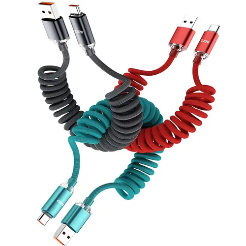 Vista 6 de Cable de carga USB C corto en espiral, paquete de 3 cables de datos trenzados de nailon retráctil de 120 W, cable de carga rápida de resorte