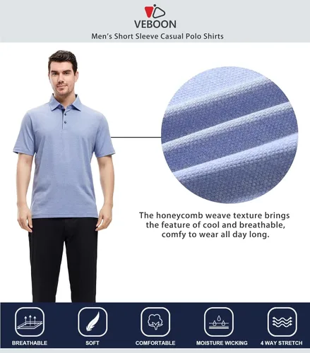 Vista 5 de VEBOON Men's Polo Shirts Long and Short Sleeve Cotton Blend Heather Moisture Wicking Casual Collared Shirts