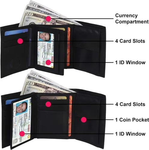 Vista 3 de Billetera de tres pliegues con solapa y bolsillo para monedas para niños, Negro, 3.3 4" x 3", Billetera plegable