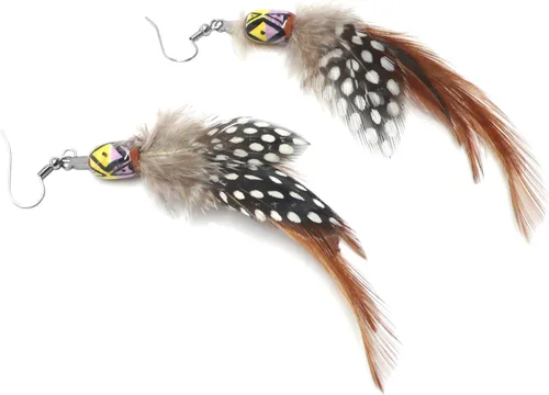 Vista 5 de Natural Feather Ethnic Fusion Earrings Peruvian Ceramic Yellow Lilac Black