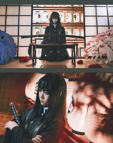 Vista 3 de CR ROLECOS - Disfraz de cosplay de Tanjirou, Zenitsu y Giyuu para anime, kimono de cosplay Negro