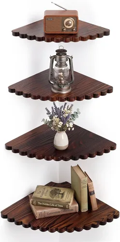 Vista 7 de Juego de 4 estantes flotantes de madera con diseño de esquina festoneada