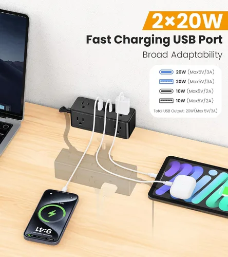 Vista 3 de Regleta de alimentación con abrazadera de escritorio de doble capa, protector de sobretensiones de montaje en borde de escritorio con 4 puertos USB