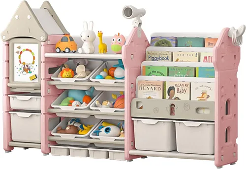Vista 11 de UNICOO Organizador de almacenamiento de juguetes para niños con estantería, organizador de sala de juegos de 14 cubos y estantería, estante de Marrón