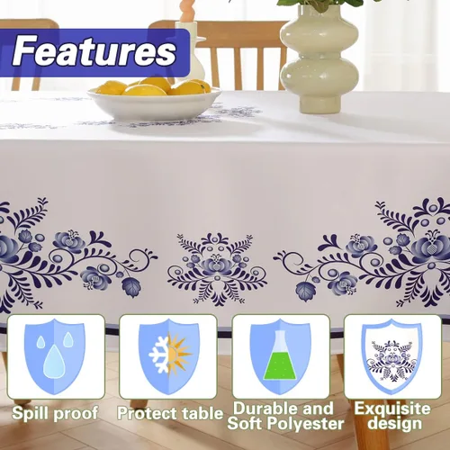 Vista 4 de SASTYBALE - Mantel rectangular de porcelana azul y blanca de Navidad de 52 x 70 pulgadas, resistente a derrames y manchas, de poliéster para buffet