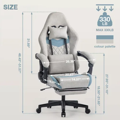 Vista 2 de Silla ergonómica para juegos con reposapiés, silla de oficina ajustable de capacidad de 330 libras con soporte lumbar y reposacabezas de tela