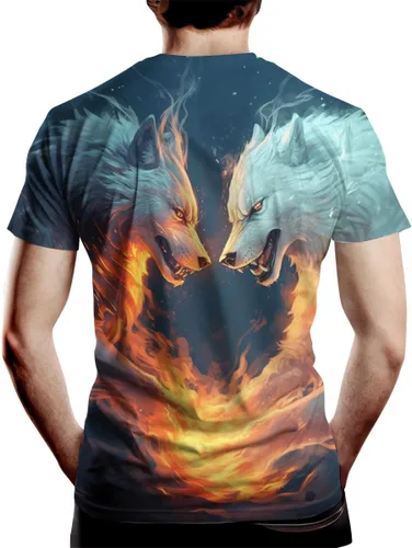 Vista 3 de Camiseta con estampado de lobo de fuego para hombre, camiseta con estampado en 3D, camiseta de moda