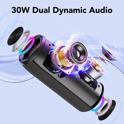 Vista 8 de Altavoz Bluetooth portátil, altavoz Bluetooth 5.4, altavoz dual de 30 W, canal 2.0, graves profundos, tiempo de reproducción de 30 horas, luces RGB