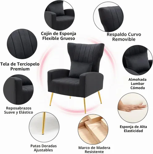 Vista 4 de ZJhome Sillas Modernas para Sala de Estar de Terciopelo Silla de Acento Sillón con Almohada Lumbar, Sillas de Dormitorio de Respaldo Alto Silla