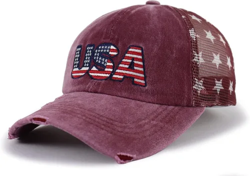 Vista 10 de Gorra de béisbol con la bandera estadounidense para mujer, divertida gorra de béisbol bordada y desgastada ajustable