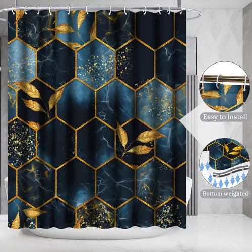 Vista 3 de Poedist Juego de 4 cortinas de ducha de baño, juegos de baño con alfombras (tapete de baño, forma de U y tapa de inodoro) y 12 ganchos, mármol