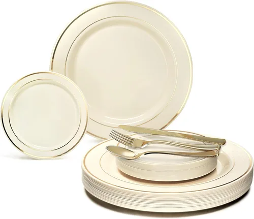 Vista 17 de Occasions" - Juego de 125 piezas (25 invitados) - Platos y cubiertos de plástico para boda, vajilla pesada desechable de 10.5 pulgadas, 6.25