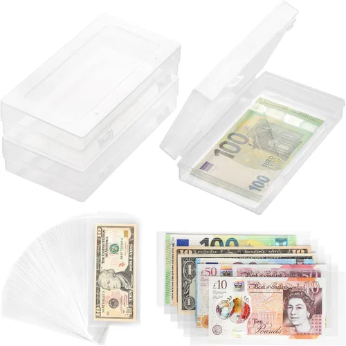 Vista 8 de Uncle Paul 100 piezas de billetes de dólar con caja de almacenamiento, fundas de papel transparente para moneda y fundas de colección de dinero