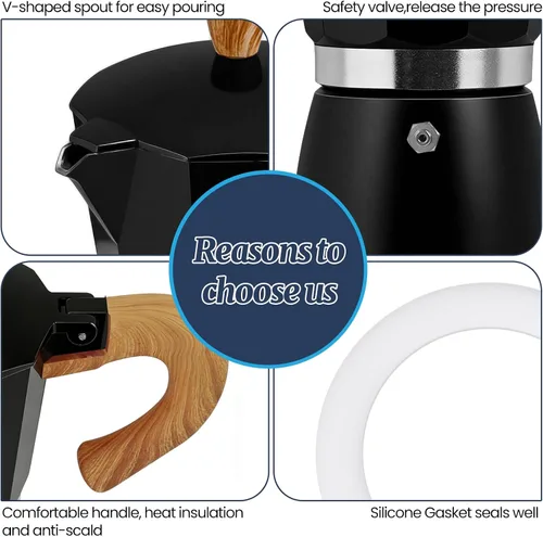 Vista 7 de Moka Pot - Cafetera italiana de aluminio de 15.2 fl oz, cafetera para estufa, cafetera espresso Mocha Pot (negro, 3 tazas)