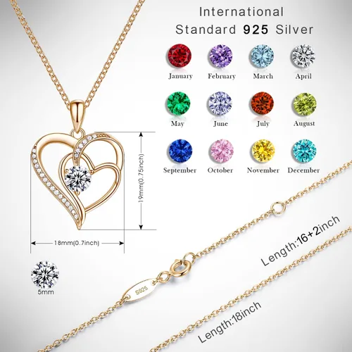 Vista 6 de Collar de corazón para mujer, oro de 18 quilates sobre plata de ley 925, collar para mujer con una piedra natal de piedras preciosas, cumpleaños