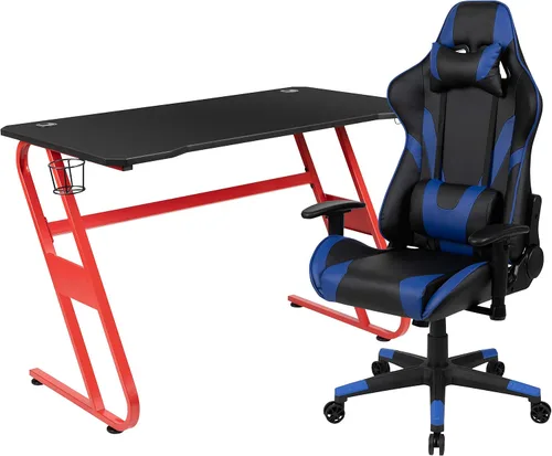 Vista 15 de Flash Furniture Juego de escritorio para juegos negro y silla de carreras blanco/negro con soporte para tazas, gancho para auriculares y soporte