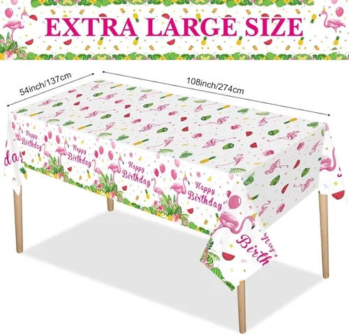 Vista 2 de Mantel rectangular de plástico tropical con diseño de flamenco rosa para decoración de fiesta de cumpleaños, picnic de verano, playa, 3 piezas, 54 x