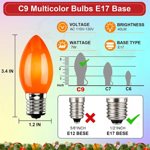 Vista 2 de Paquete de 25 bombillas de repuesto C9 multicolor, bombillas de Navidad C9 de 7 W con base intermedia E17, bombillas incandescentes para luces