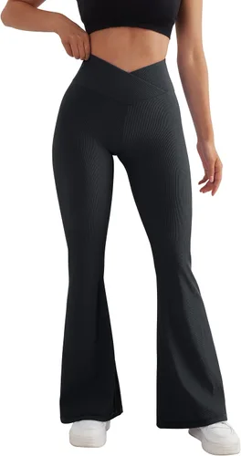 Vista 3 de MOOSLOVER Pantalones de yoga acanalados para mujer, con corte de bota, cintura alta, acampanados, leggings de entrenamiento