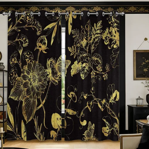 Vista 11 de Cortinas opacas negras y doradas, cortinas modernas de mediados de siglo para dormitorio, sala de estar, 63 pulgadas de largo, juego de 2 paneles