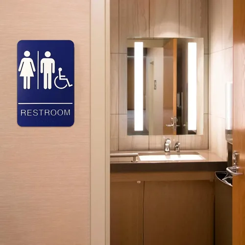Vista 5 de Letrero de baño unisex en Braille – Letrero de baño azul con cinta 3M de doble cara segura ideal en menos de un minuto – Diseño único – Tamaño 9 x 6