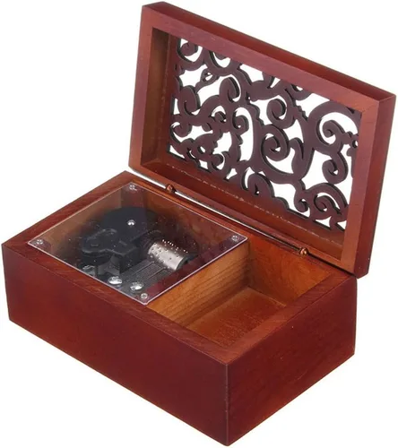 Vista 3 de FnLy Caja musical de madera grabada antigua, caja musical Edelweiss, con movimiento plateado en, rectángulo