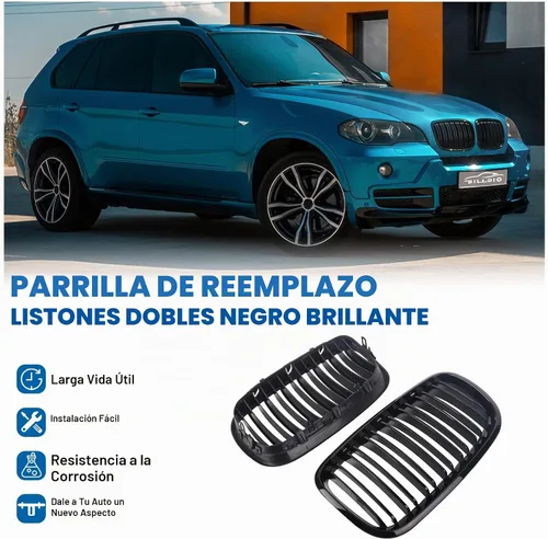 Vista 2 de Parrilla de riñón para parachoques delantero, color negro brillante, compatible con BMW X5 E70 X6 E71 2007-2014 doble listón doble línea