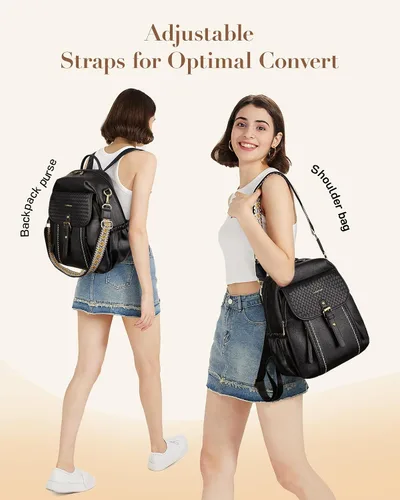 Vista 5 de Missnine Mochila de cuero para mujer, mochila antirrobo, bolsa de hombro convertible con cremalleras seguras para viajes y trabajo, Negro -, Vintage