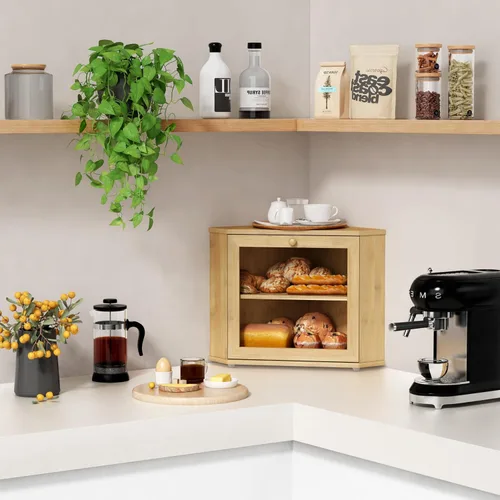 Vista 2 de Goozii Panera de Bambú de Esquina para Encimera de Cocina, Panera de Madera Redonda de 2 Niveles, Contenedor de Almacenamiento de Pan Estilo Granja