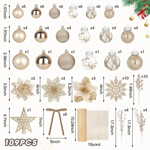 Vista 2 de Juego de 109 adornos para árbol de Navidad, adornos de bolas de Navidad Champán