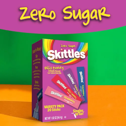 Vista 4 de Skittles Singles To Go Paquete Surtido, Mezcla de Bebida en Polvo Watertok, Cero Azúcar, Bajas Calorías, Incluye 4 Sabores, 1 Caja
