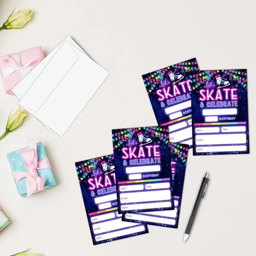 Vista 3 de Invitaciones de cumpleaños con sobres (paquete de 20), 4 x 6 pulgadas, estilo de patinaje sobre ruedas de neón, invitaciones para fiesta
