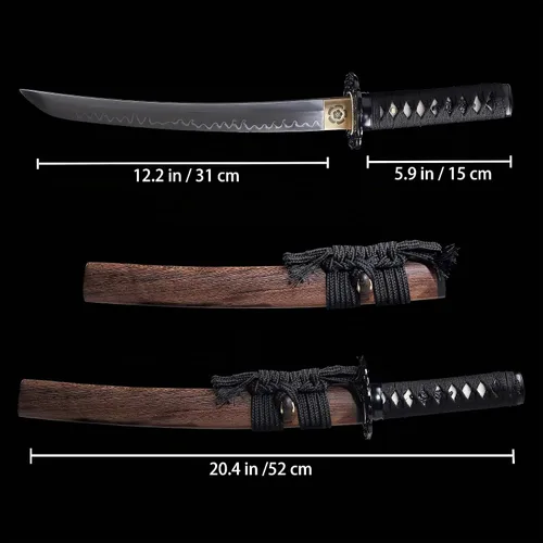 Vista 2 de Tanto Sword - Espada corta hecha a mano de arcilla katana templada de acero T10 real Hamon espada samurái de espiga completa afilada
