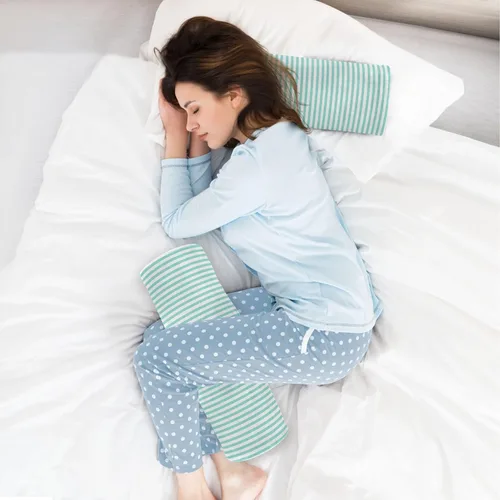 Vista 6 de Rollo cervical para el cuello, almohada redonda de rayas blancas y azul cielo, almohada lavable de espuma viscoelástica, almohada de refuerzo