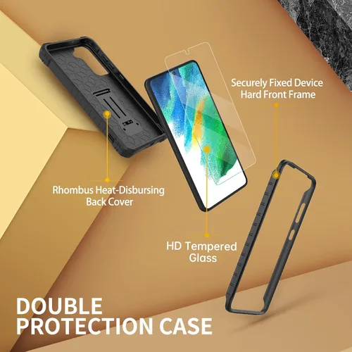 Vista 6 de FITO Funda para Samsung Galaxy S21 FE, doble capa a prueba de golpes resistente para teléfono Samsung S21 FE 5G con protector de pantalla, soporte