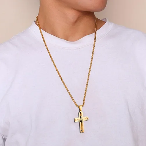 Vista 3 de YL Collar de cruz para hombre de acero inoxidable 316L, colgante grande de Jesucristo blancodoradonegro, cadena Rolo de joyería para 20 pulgadas, 22